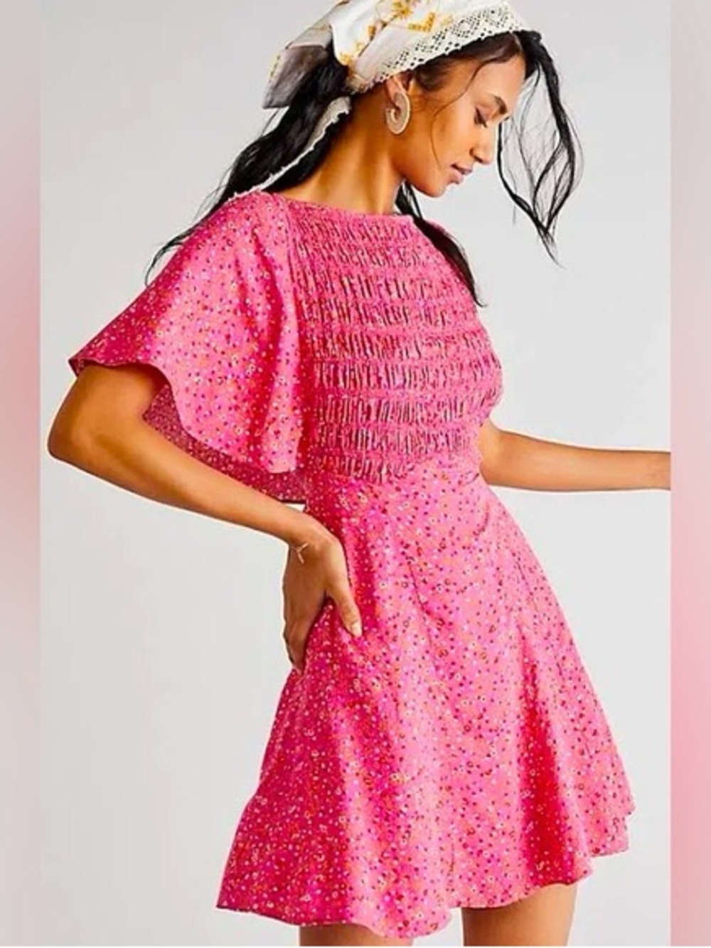 Free People Pink Floral Smocked Mini Dress